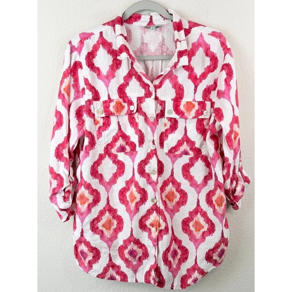 John Mark Linen Blend Ikat Print Button Front Shirt Womens M Boho Coastal Cruise